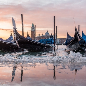 Gondolas in the Lagoon at high tide, Venice