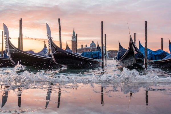 Gondolas in the Lagoon at high tide, Venice